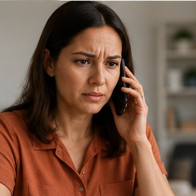 Woman looking concerned while on a phone call