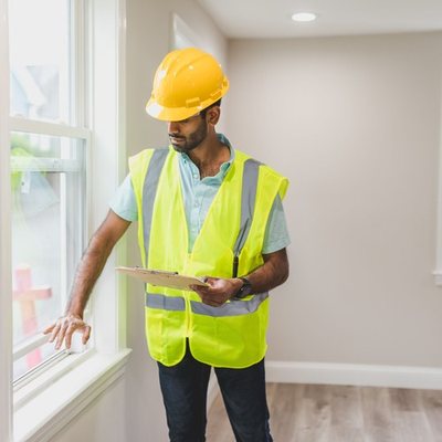 Property maintenance worker with a clipboard checking a window